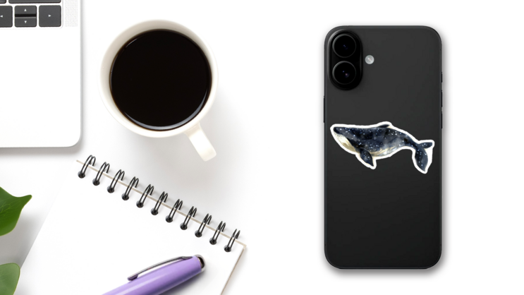 Cosmic Watercolor Blue Whale Sticker on a Phone (New) example