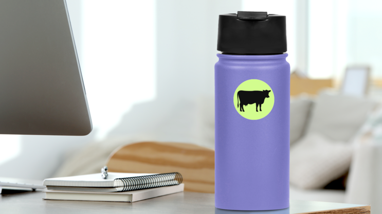 Cow Black Silhouette Illustration On Green Sticker on a Water Bottle (New) example
