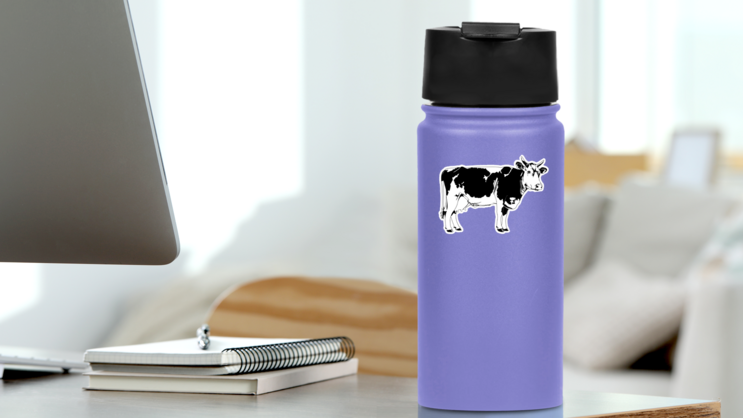 Cow Illustration Sticker on a Water Bottle (New) example