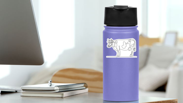 Cow One Line Drawing Sticker on a Water Bottle (New) example