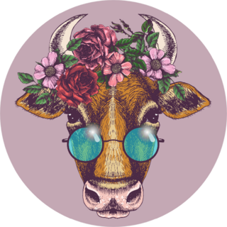 Cow Portrait With Floral Wreath And Round Sunglasses Sticker