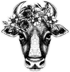 Cow Portrait With Floral Wreath Hand Drawn Sticker