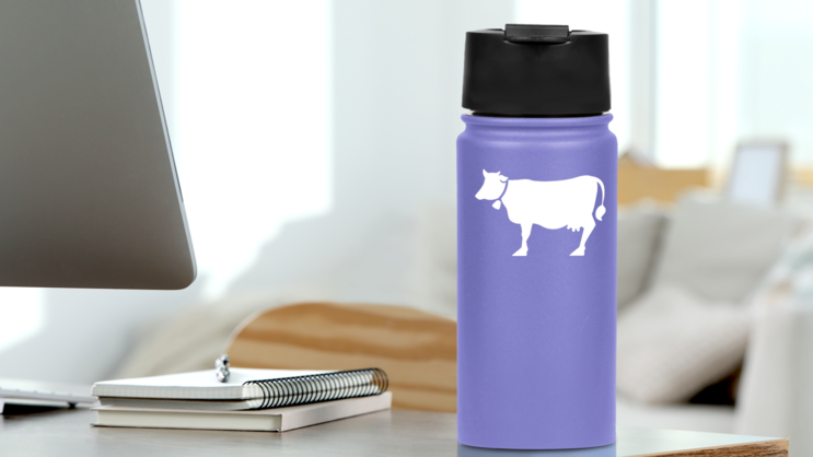 Cow With Bell Sticker on a Water Bottle (New) example