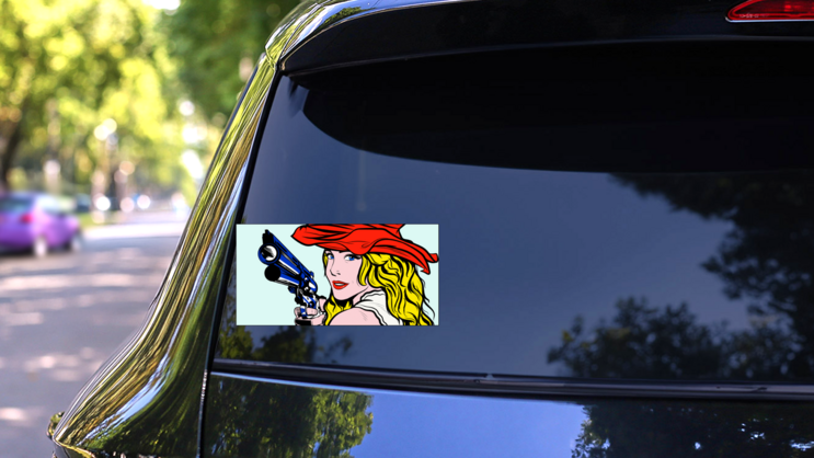 Cowgirl Holding Pistol And Wearing Hat Sticker on a Rear Car Window (New) example