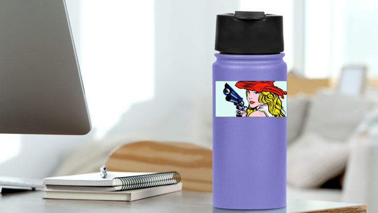 Cowgirl Holding Pistol And Wearing Hat Sticker on a Water Bottle (New) example