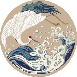 Crane And Japanese Wave Illustration In Circle Sticker