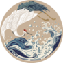 Crane And Japanese Wave Illustration In Circle Sticker