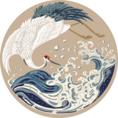 Crane And Japanese Wave Illustration In Circle Sticker