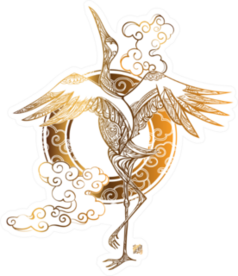 Crane Tattoo And Stylized Chinese Waves Gold Sticker
