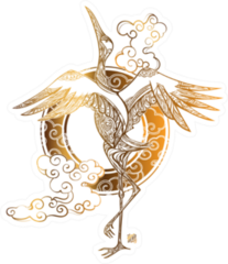 Crane Tattoo And Stylized Chinese Waves Gold Sticker