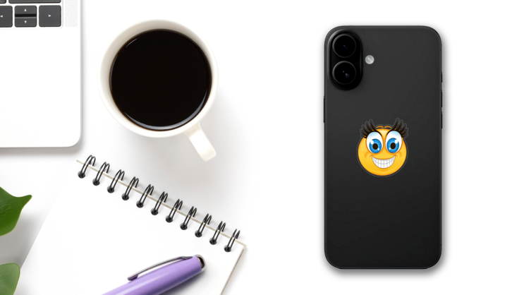 Crazy Blue Eyes Big Smile Emoji Sticker on a Phone (New) example