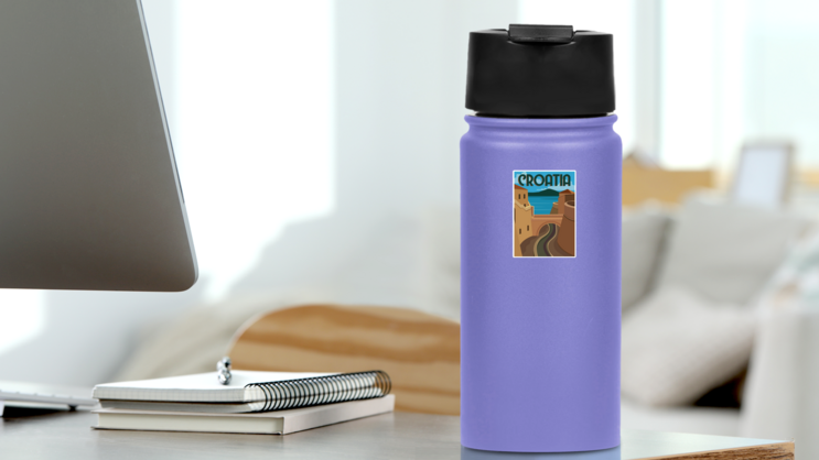 Croatia Travel Illustration Sticker on a Water Bottle (New) example