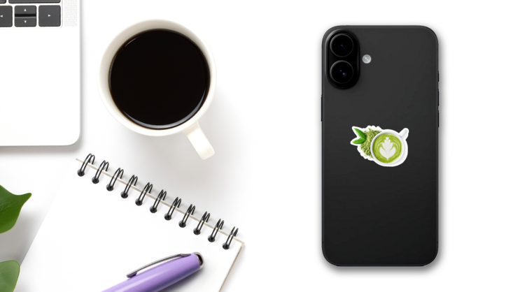 Cup Of Green Tea Matcha Latte Foam Art Sticker on a Phone (New) example