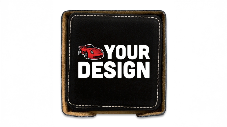 Custom Black Leatherette Square Coaster Set