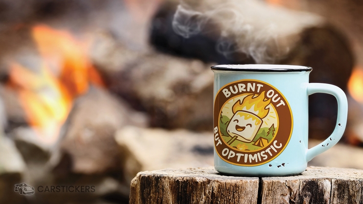 Custom Circle Sticker on Camping Mug