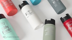 Custom engraved 16 oz water bottle with carstickers logo
