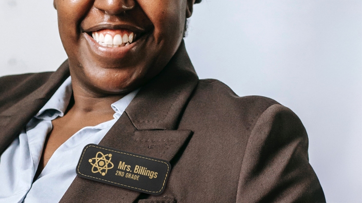 Custom engraved name tag for a teacher