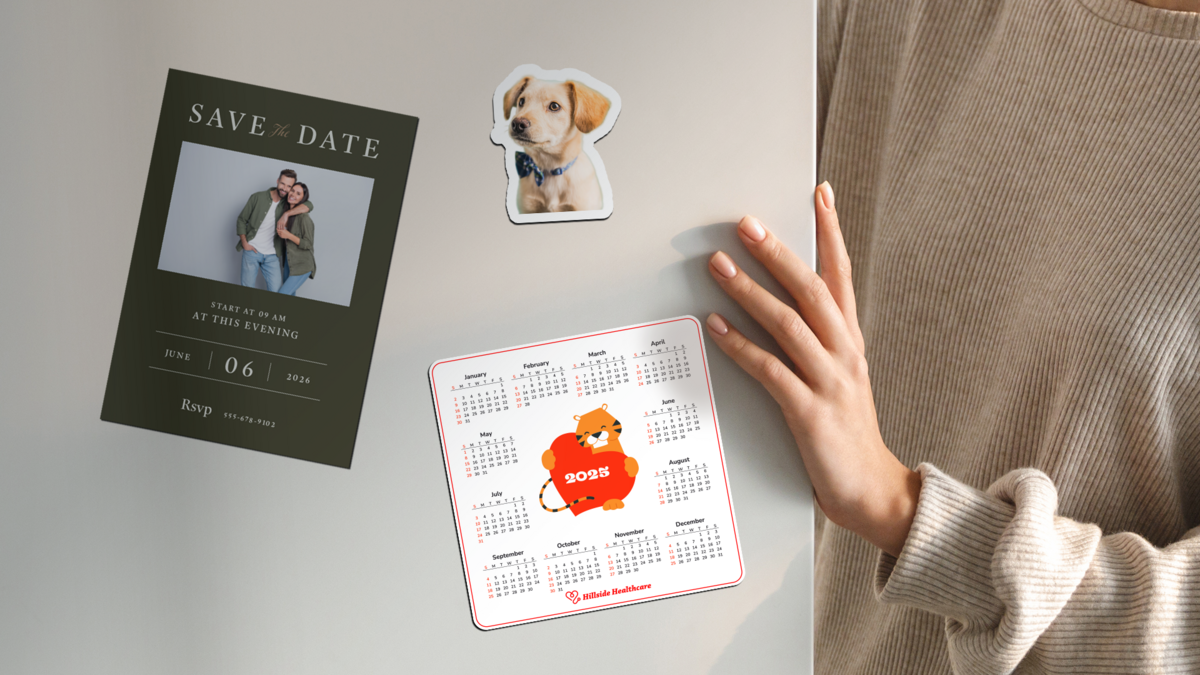 Custom Save the Date Magnet, Dog Photo Magnet, and Calendar Magnet on a Fridge