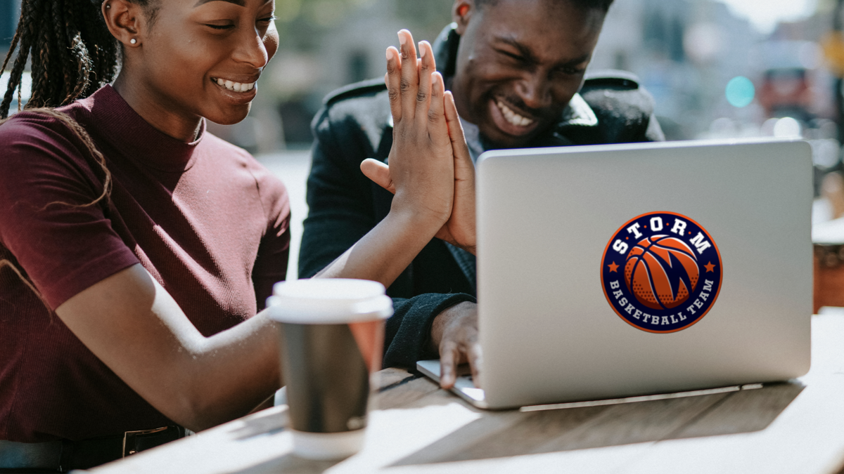 Custom Team Sports Sticker on Computer with Couple High Fiving