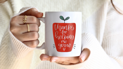 Custom Printed Decal for Teacher Applied to a Mug as a personalized Gift