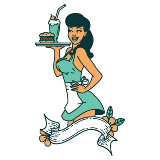 Cute 1950s Pinup Waitress Girl With Banner Sticker