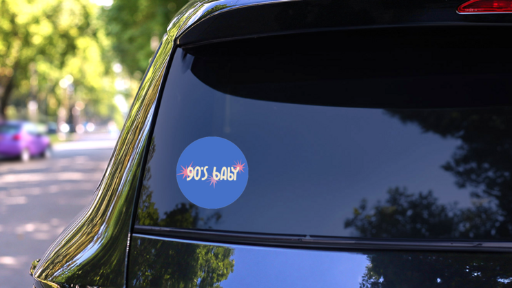 Cute 90s Baby Lettering On Blue Sticker on a Rear Car Window (New) example