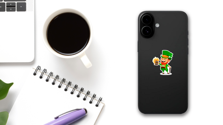 Cute and Happy Little Leprechaun with Mug Overflowing with Beer on a Phone (New) example