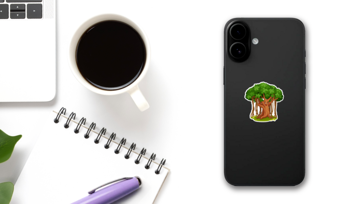 Cute Banyan Tree Cartoon Sticker on a Phone (New) example