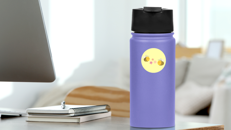 Cute Bees Fly Over Flowers Sticker on a Water Bottle (New) example