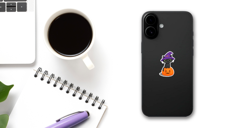 Cute Black Cat On A Halloween Pumpkin Sticker on a Phone (New) example