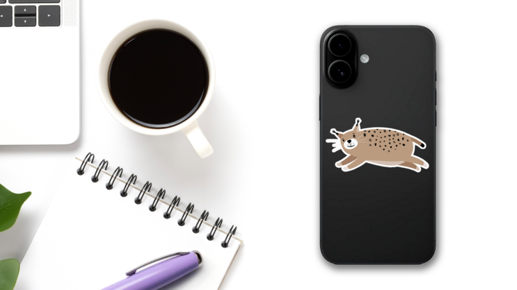 Cute Bobcat Jumping Sticker on a Phone (New) example