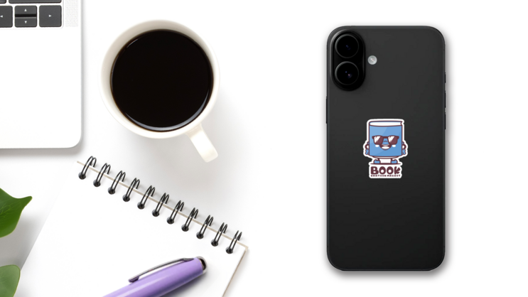 Cute Book Cartoon Mascot Sticker on a Phone (New) example