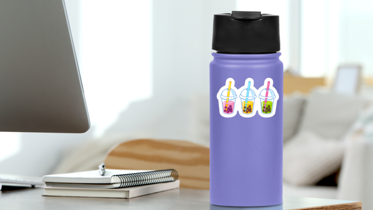 Cute Cartoon Bubble Tea Sticker on a Water Bottle (New) example