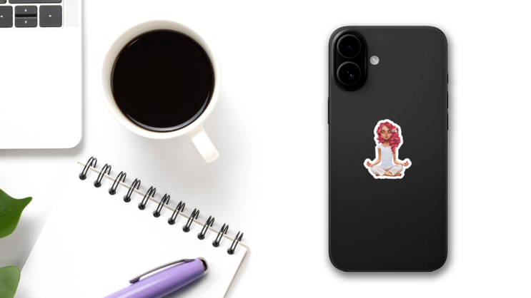 Cute Cartoon Girl In Yoga Pose Sticker on a Phone (New) example