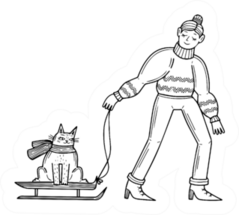 Cute Cartoon Girl Pulling Cat In Winter Sled Sticker