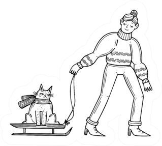 Cute Cartoon Girl Pulling Cat In Winter Sled Sticker