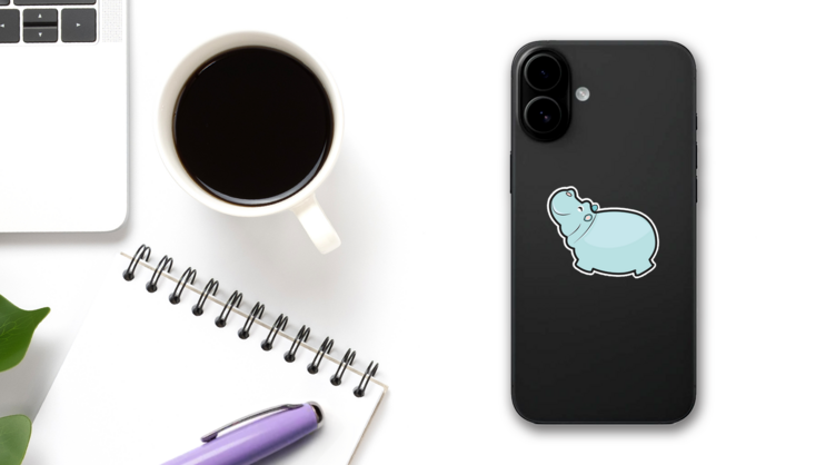Cute Cartoon Hippo In Blue Sticker on a Phone (New) example