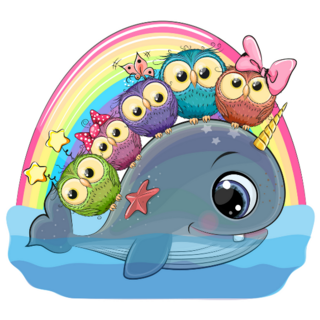 Cute Cartoon Narwhal And Five Owls Sticker