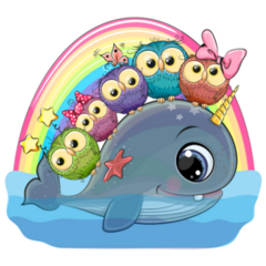 Cute Cartoon Narwhal And Five Owls Sticker