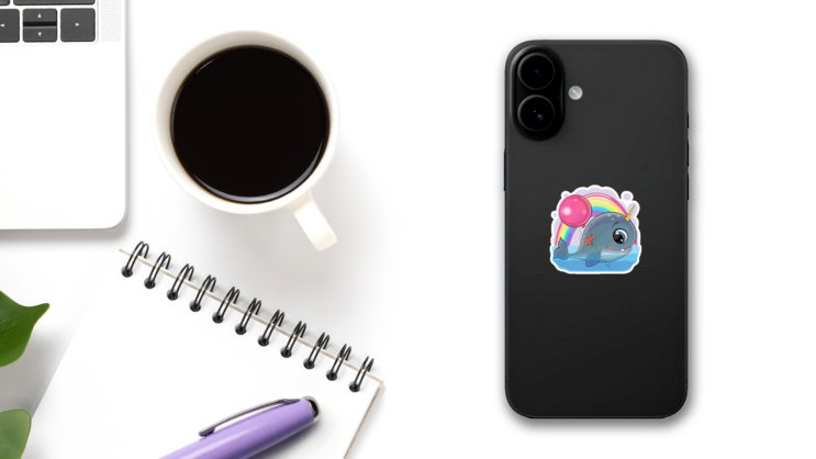 Cute Cartoon Narwhal With Balloon Sticker on a Phone (New) example