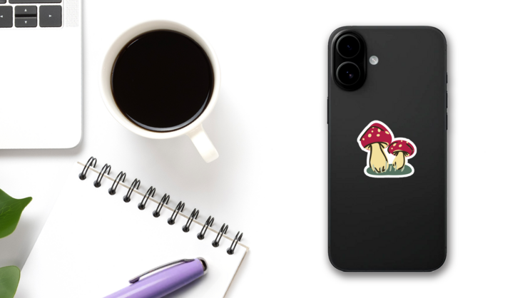 Cute Cartoon Toadstool Mushroom Monochrome Line Art Sticker on a Phone (New) example