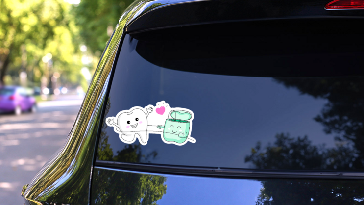 Cute Cartoon Tooth Character Using Dental Floss Sticker on a Rear Car Window (New) example