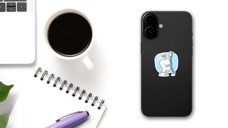 Cute Cartoon Tooth In Love Hugging Ist Toothbrush Sticker on a Phone (New) example