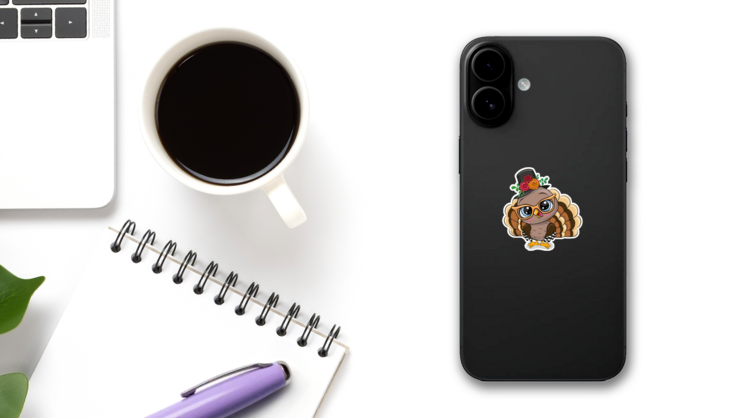 Cute Cartoon Turkey With Flowers Sticker on a Phone (New) example