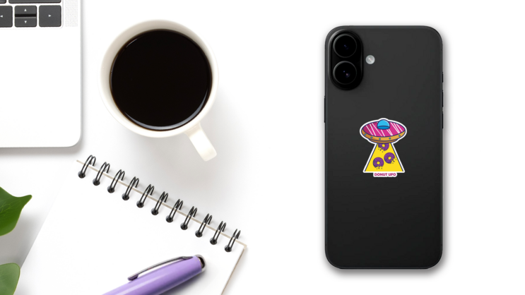 Cute Cartoon Ufo Donut Alien Space Sticker on a Phone (New) example