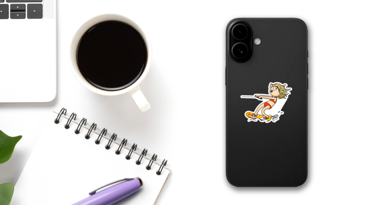 Cute Cartoon Wakeboard Sticker on a Phone (New) example