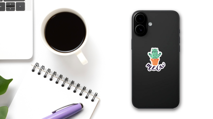 Cute Cat Cactus Plant Cartoon Sticker on a Phone (New) example