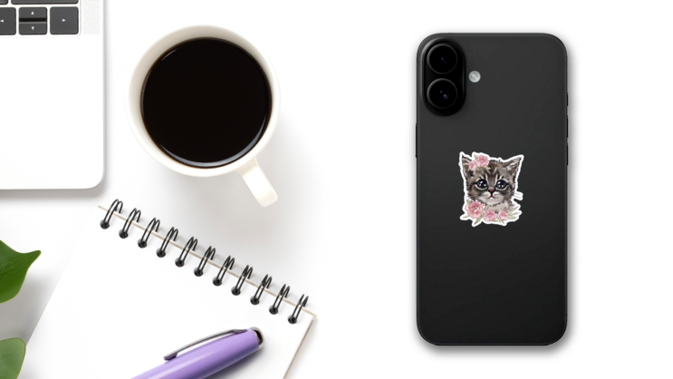Cute Cat In Rose Flowers Sticker on a Phone (New) example