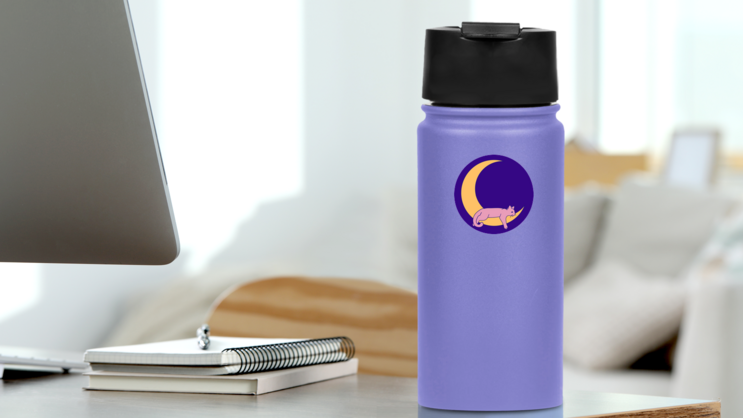 Cute Cat On Moon Purple Night Sticker on a Water Bottle (New) example
