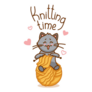 Cute Cat Sits On A Ball Of Yarn And Knits A Scarf Sticker